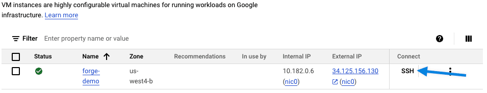 Screenshot showing access to SSH in GCP