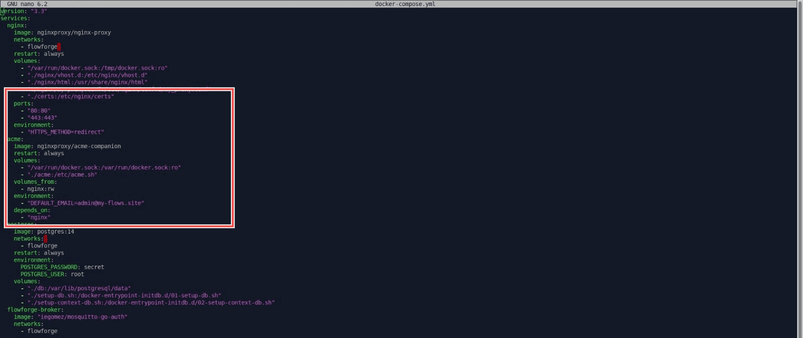 "Screenshot the terminal showing the update made in `docker-compose.yml` file for ssl configuration"