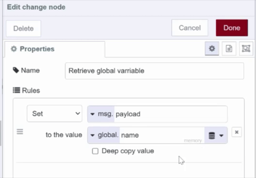 "Screenshot showing how to retrieve global variable using the change node"
